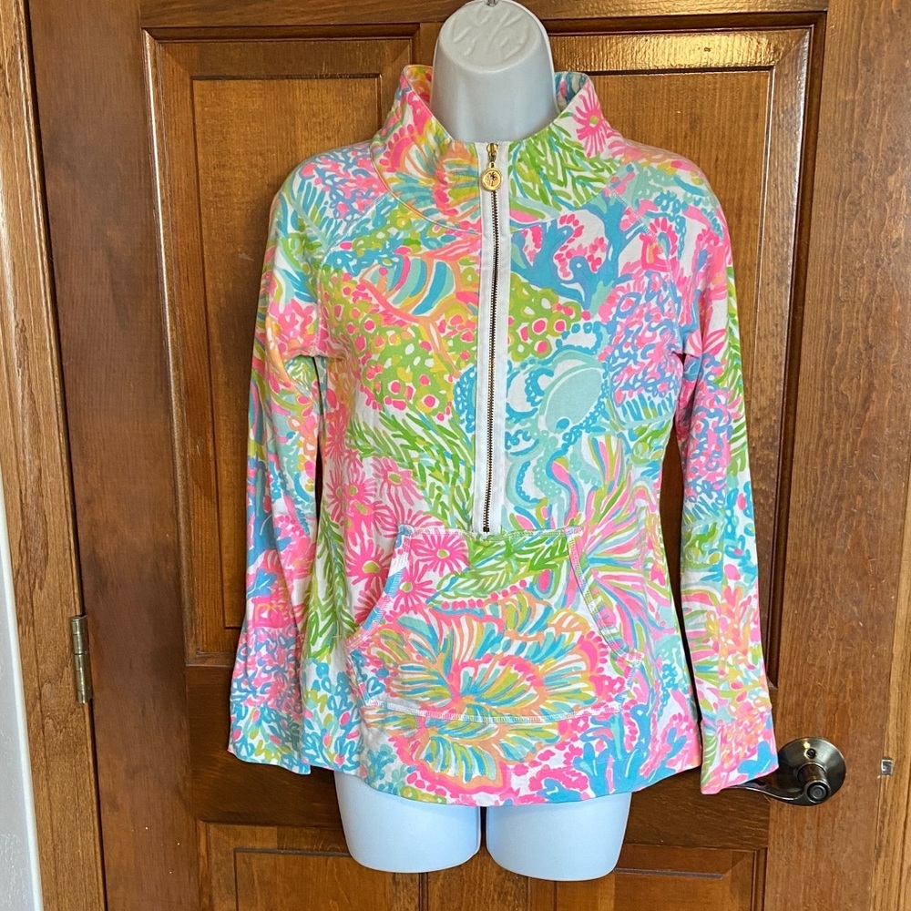 Lilly Pulitzer UPF 50+ Skipper Popover multicolor  floral half-zip neckline XS